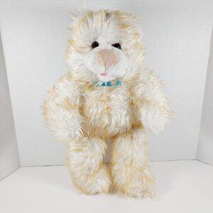 ANIMALAND 2005 Stuffed Shaggy Bear w/  Blue Bow 17" Plush Gold White